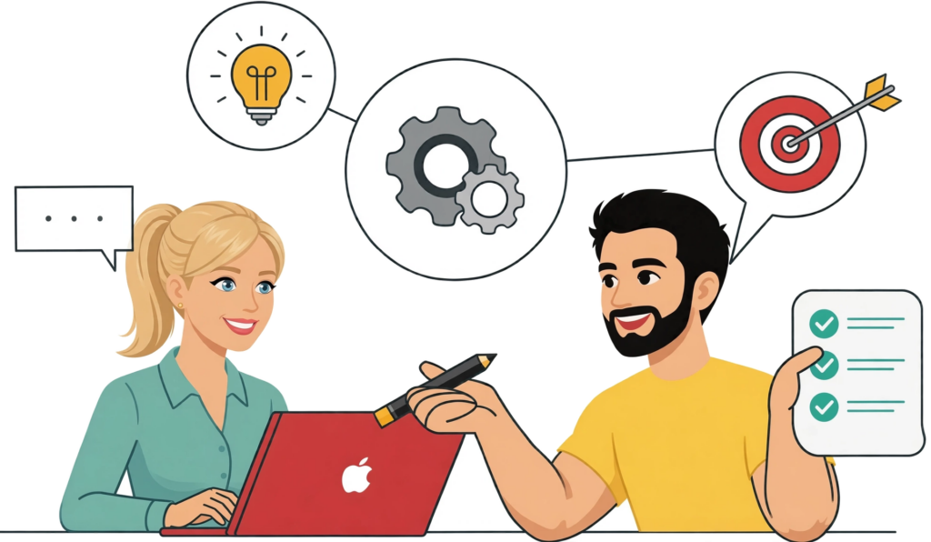 Designer and developer collaborating on a creative website project
